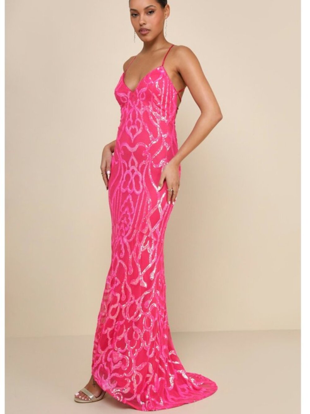 Lulus Perfect Enchantment Hot Pink Sequin Lace-Up Mermaid Maxi Dress Medium New - Picture 3 of 7